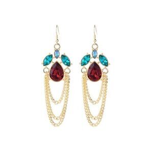 Red Green Crystal Floral Leaf Chain Gold Hook Dangle Statement Earrings